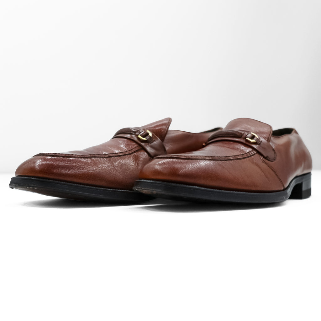 Vintage 70s FLORSHEIM Bit Loafers Brown Leather Shoes 9.5 D USA Made Shield Logo Dress Slips-ons Goodyear Welted