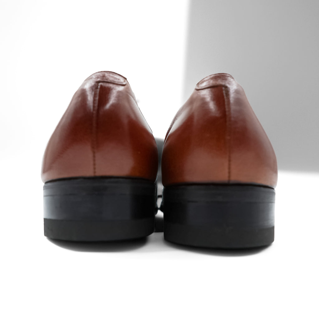 Vintage 70s FLORSHEIM Bit Loafers Brown Leather Shoes 9.5 D USA Made Shield Logo Dress Slips-ons Goodyear Welted