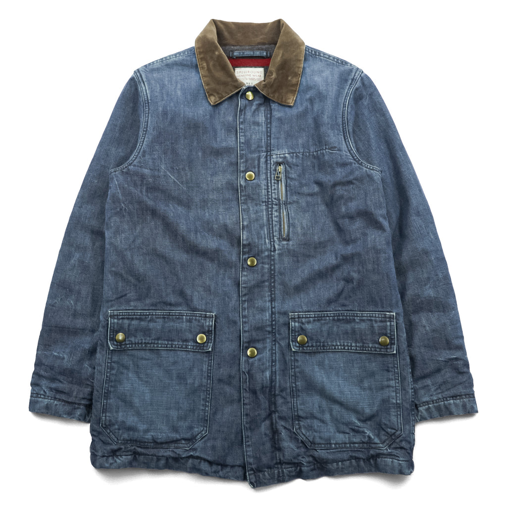 SPELL BOUND Made in Japan Denim Chore Coat Coverall M Indigo Corduroy Collar Blanket Lined