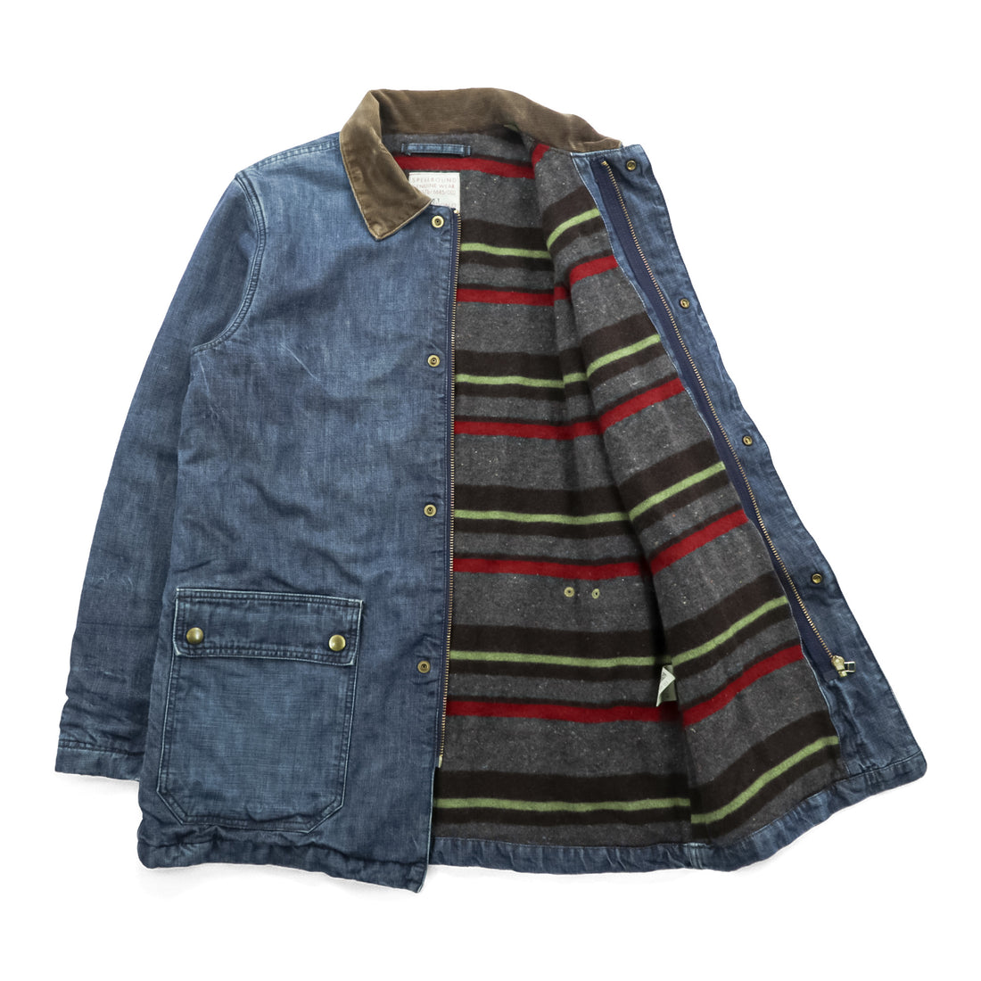 SPELL BOUND Made in Japan Denim Chore Coat Coverall M Indigo Corduroy Collar Blanket Lined