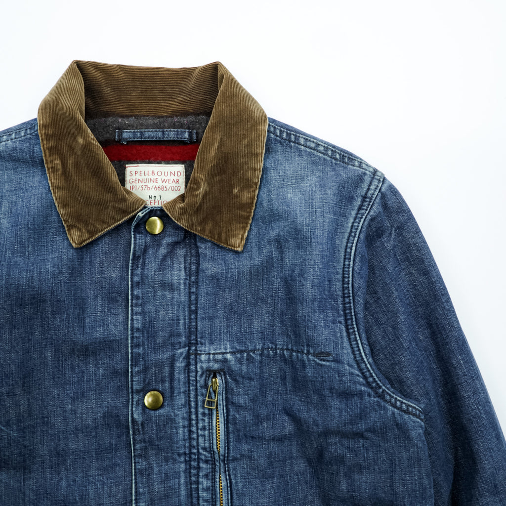 SPELL BOUND Made in Japan Denim Chore Coat Coverall M Indigo Corduroy Collar Blanket Lined