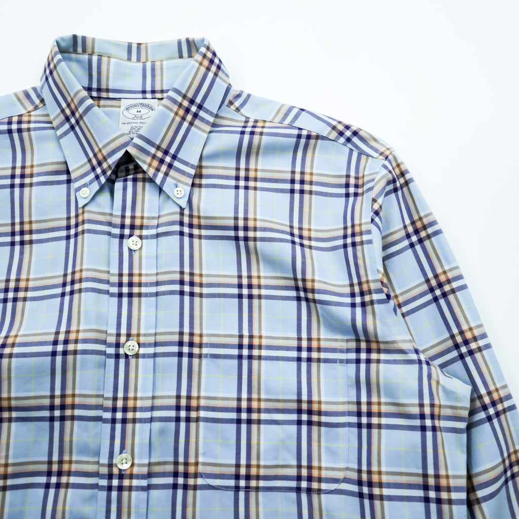 Brooks Brothers ボタンダウンシャツ M チェック ブルー コットン 胸ポケット ノンアイロン