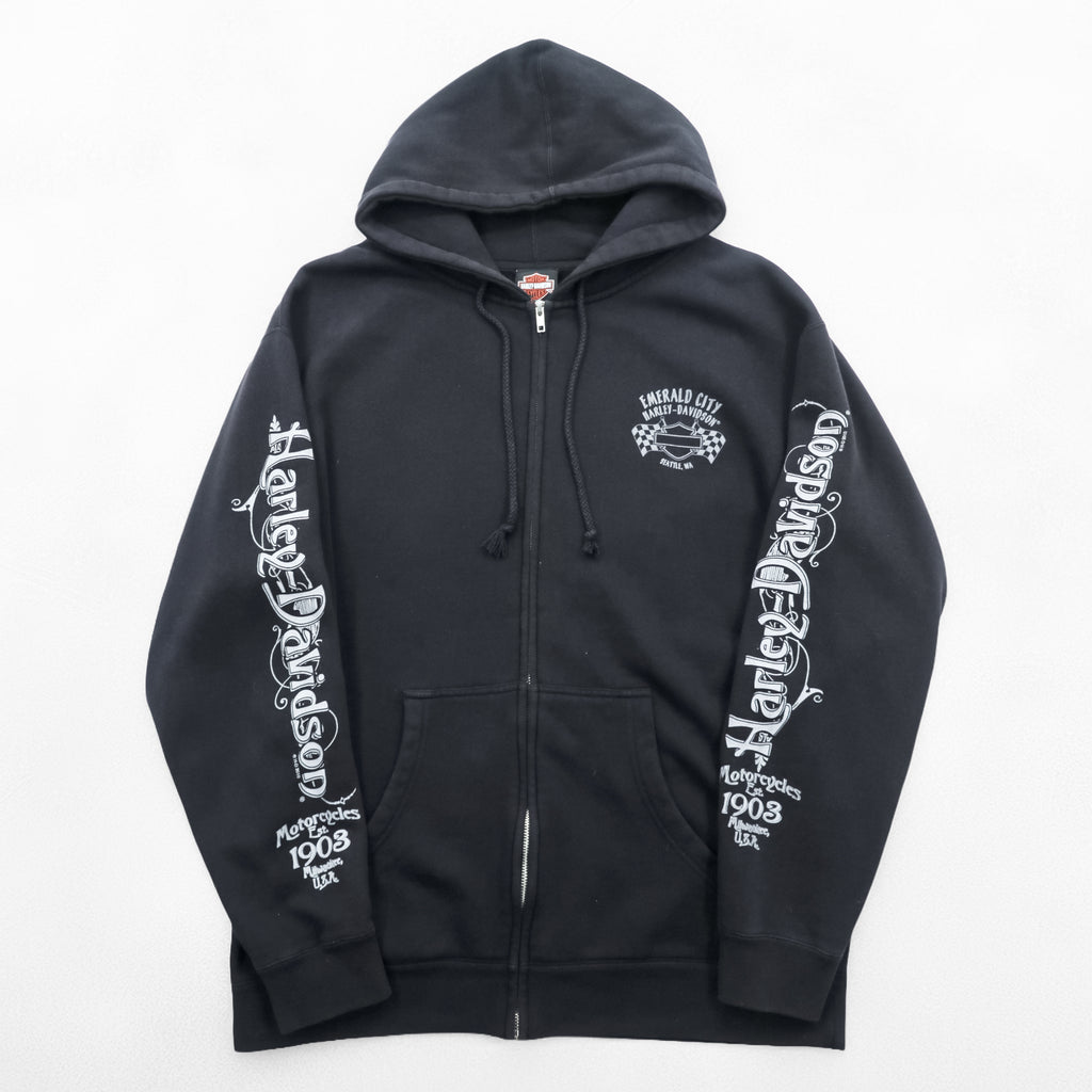 HARLEY DAVIDSON Zip Up Hoodie L Black EMERALD CITY Back Logo