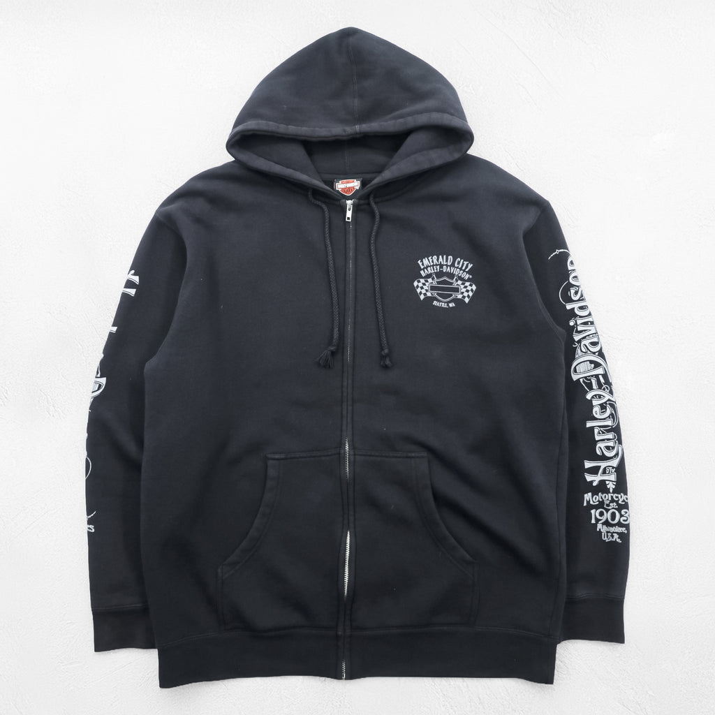 HARLEY DAVIDSON Zip Up Hoodie L Black EMERALD CITY Back Logo