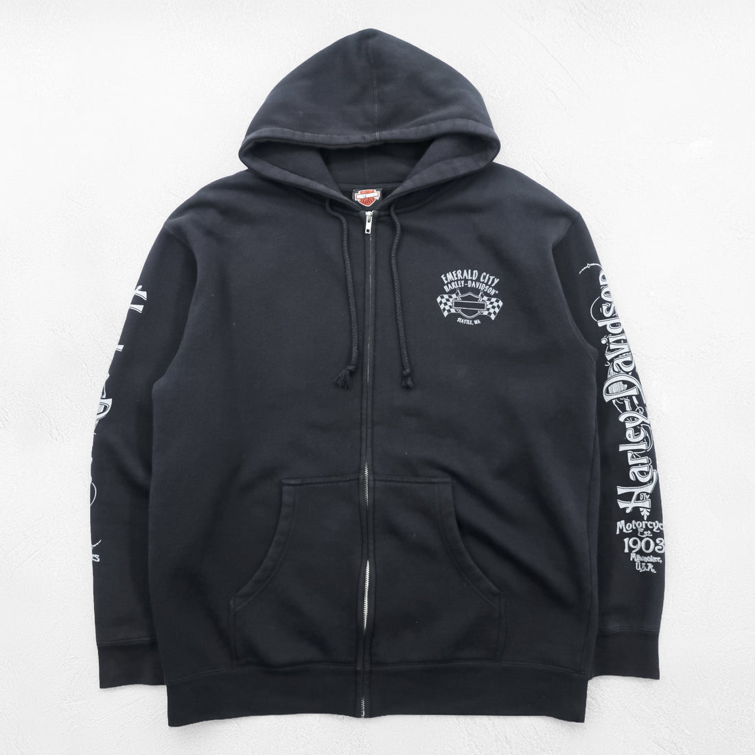 HARLEY DAVIDSON Zip Up Hoodie L Black EMERALD CITY Back Logo