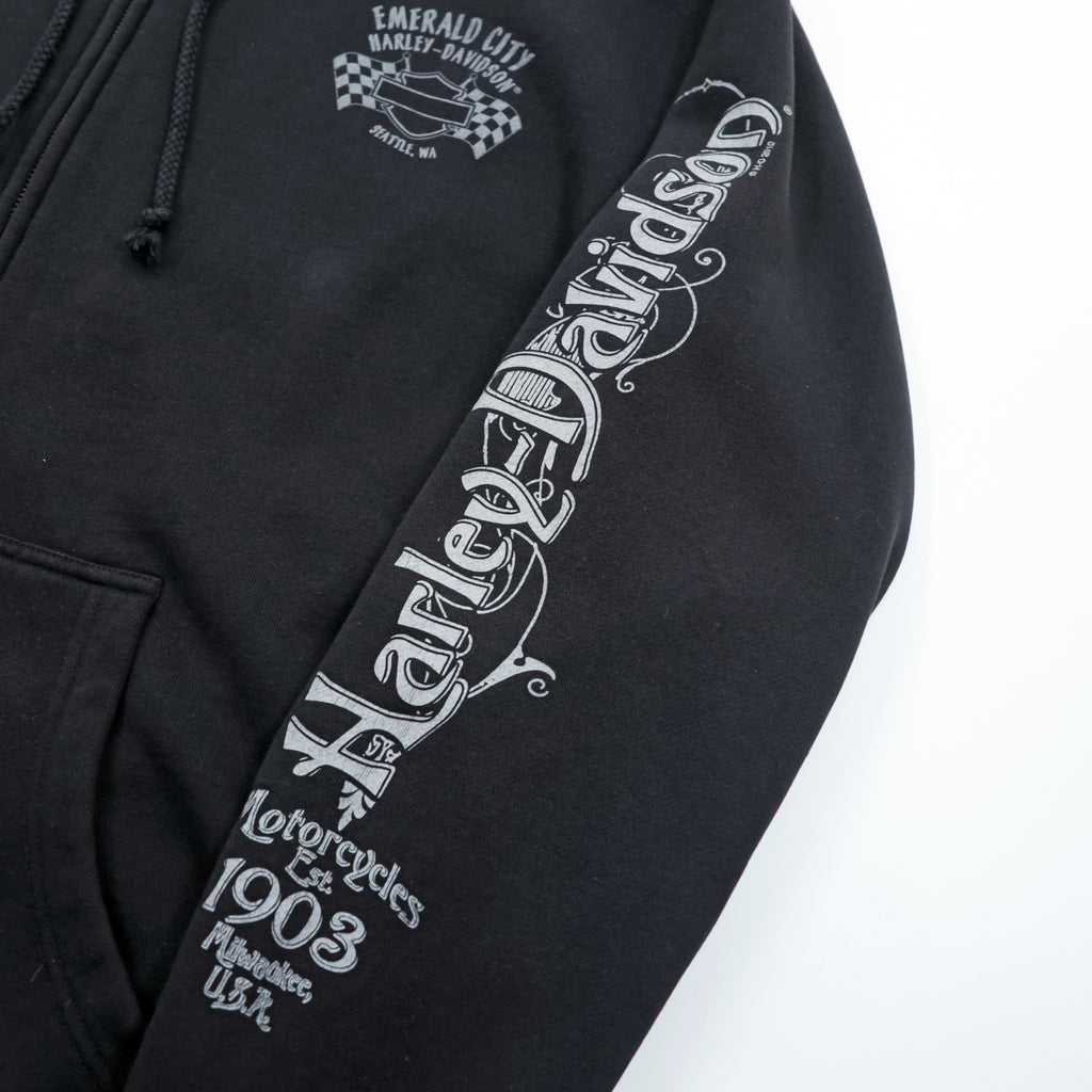HARLEY DAVIDSON Zip Up Hoodie L Black EMERALD CITY Back Logo