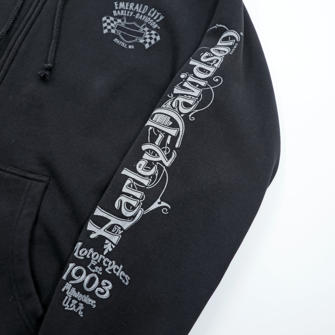 HARLEY DAVIDSON Zip Up Hoodie L Black EMERALD CITY Back Logo