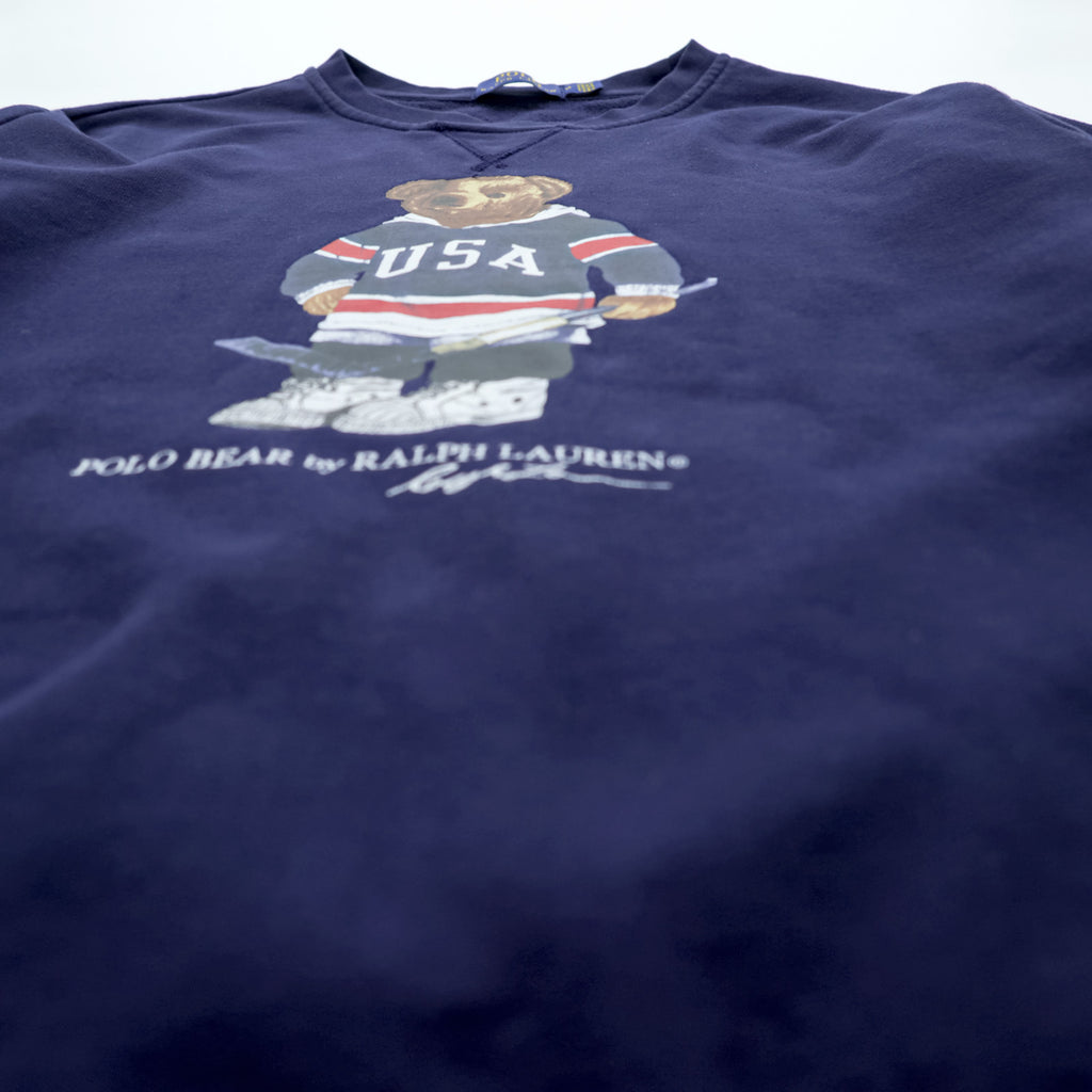 Polo Ralph Lauren ポロベア 前V スウェット トレーナー M ネイビー USA ホッケー コットン クルーネック