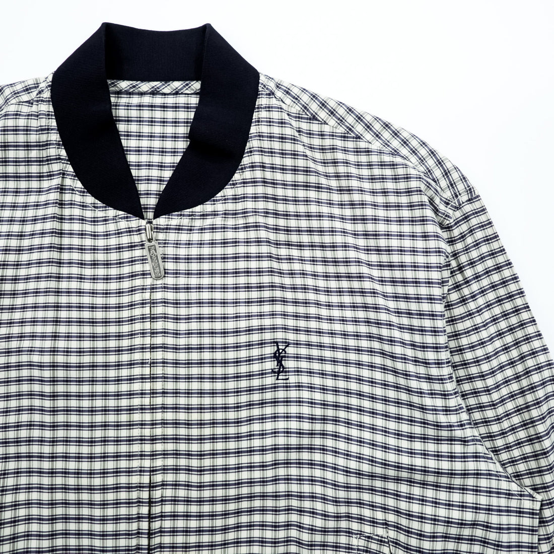 Vintage 90s Yves Saint Laurent pour homme Checked Bomber Jacket YSL Logo Embroidery Size 100 L