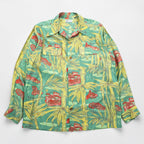 50年代 ヴィンテージ ROYAL HAWAIIAN 長袖 ハワイアン アロハシャツ XL グリーン イエロー フラップ 胸ポケット 開襟 オープンカラー 総柄 竹