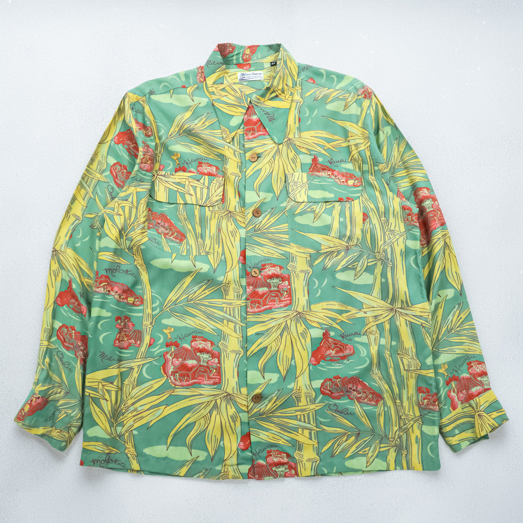 50年代 ヴィンテージ ROYAL HAWAIIAN 長袖 ハワイアン アロハシャツ XL グリーン イエロー フラップ 胸ポケット 開襟 オープンカラー 総柄 竹