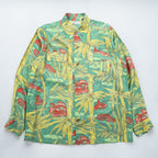 50年代 ヴィンテージ ROYAL HAWAIIAN 長袖 ハワイアン アロハシャツ XL グリーン イエロー フラップ 胸ポケット 開襟 オープンカラー 総柄 竹