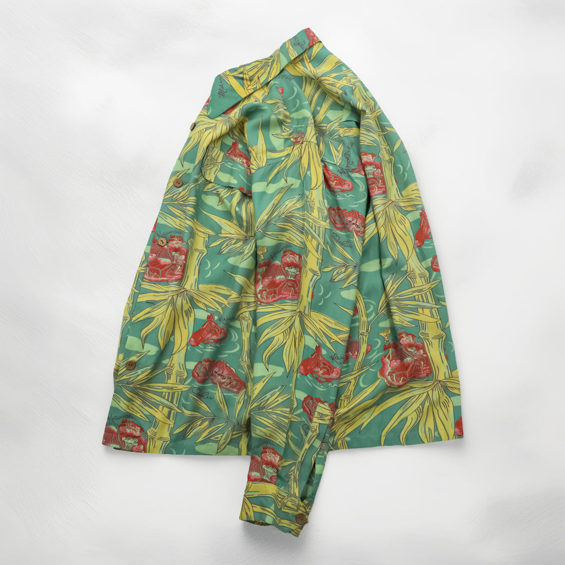 50年代 ヴィンテージ ROYAL HAWAIIAN 長袖 ハワイアン アロハシャツ XL グリーン イエロー フラップ 胸ポケット 開襟 オープンカラー 総柄 竹