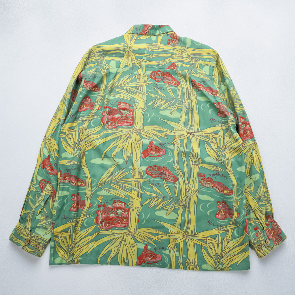 50年代 ヴィンテージ ROYAL HAWAIIAN 長袖 ハワイアン アロハシャツ XL グリーン イエロー フラップ 胸ポケット 開襟 オープンカラー 総柄 竹