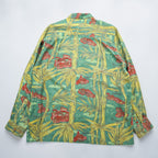 50年代 ヴィンテージ ROYAL HAWAIIAN 長袖 ハワイアン アロハシャツ XL グリーン イエロー フラップ 胸ポケット 開襟 オープンカラー 総柄 竹