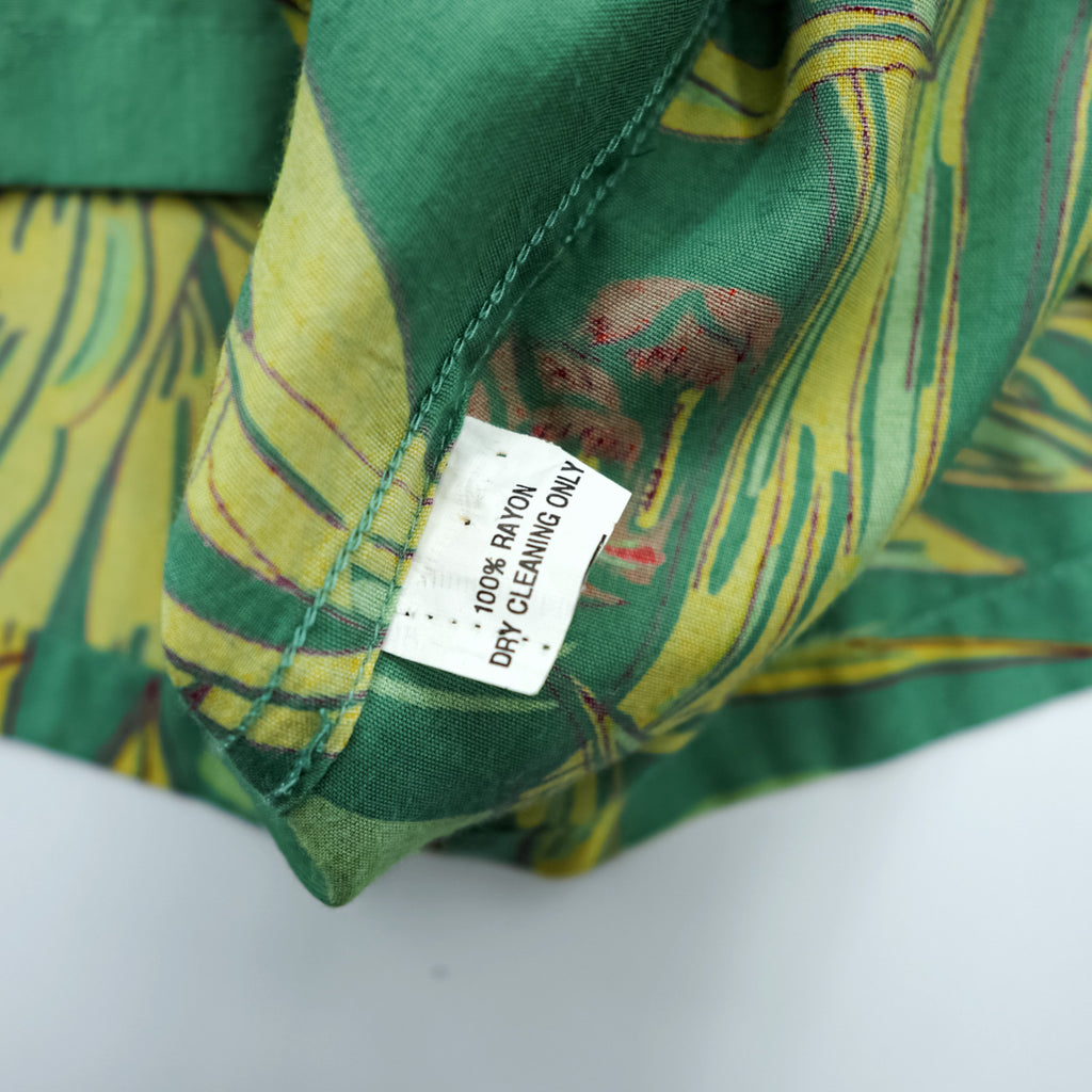 50年代 ヴィンテージ ROYAL HAWAIIAN 長袖 ハワイアン アロハシャツ XL グリーン イエロー フラップ 胸ポケット 開襟 オープンカラー 総柄 竹