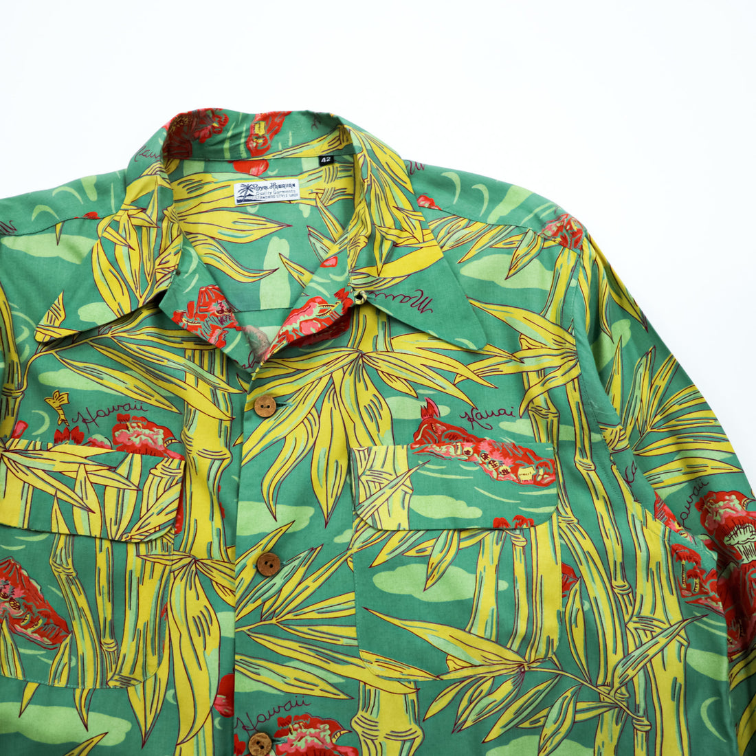 50年代 ヴィンテージ ROYAL HAWAIIAN 長袖 ハワイアン アロハシャツ XL グリーン イエロー フラップ 胸ポケット 開襟 オープンカラー 総柄 竹