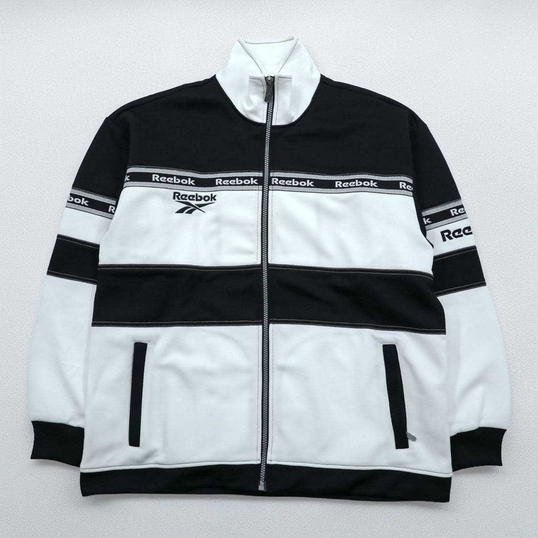 Reebok 90年代 トラックジャケット ジャージ M ホワイト ブラック ドローコード スタンドカラー フルジップ