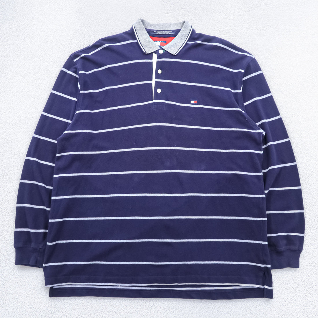 TOMMY HILFIGER 90年代 USA製 ラガーシャツ 長袖 ポロシャツ 2XL ボーダー ネイビー コットン ビッグサイズ