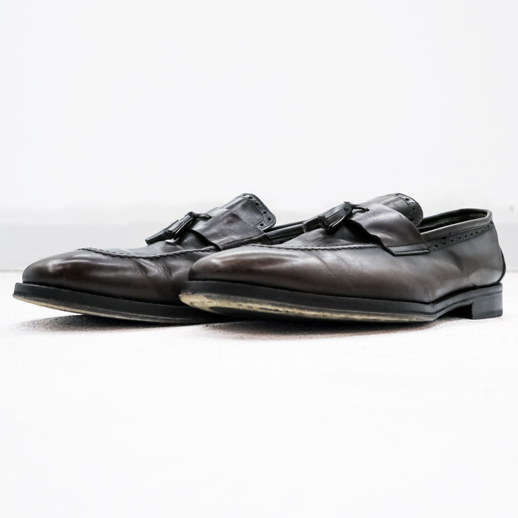 Vintage Italian Bologna Construction Tassel Loafers Dark Brown Leather Shoes Size 44 Made in Italy Dress