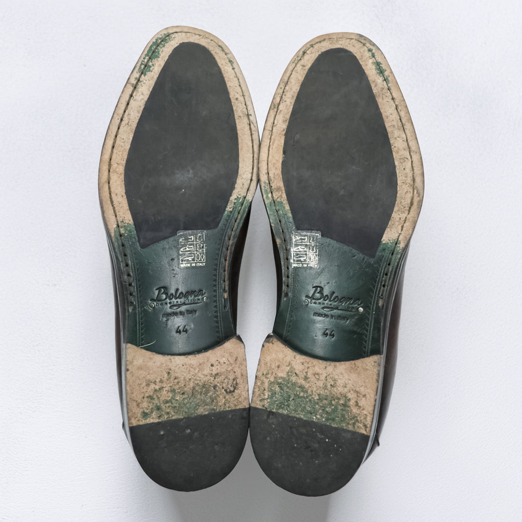 Vintage Italian Bologna Construction Tassel Loafers Dark Brown Leather Shoes Size 44 Made in Italy Dress