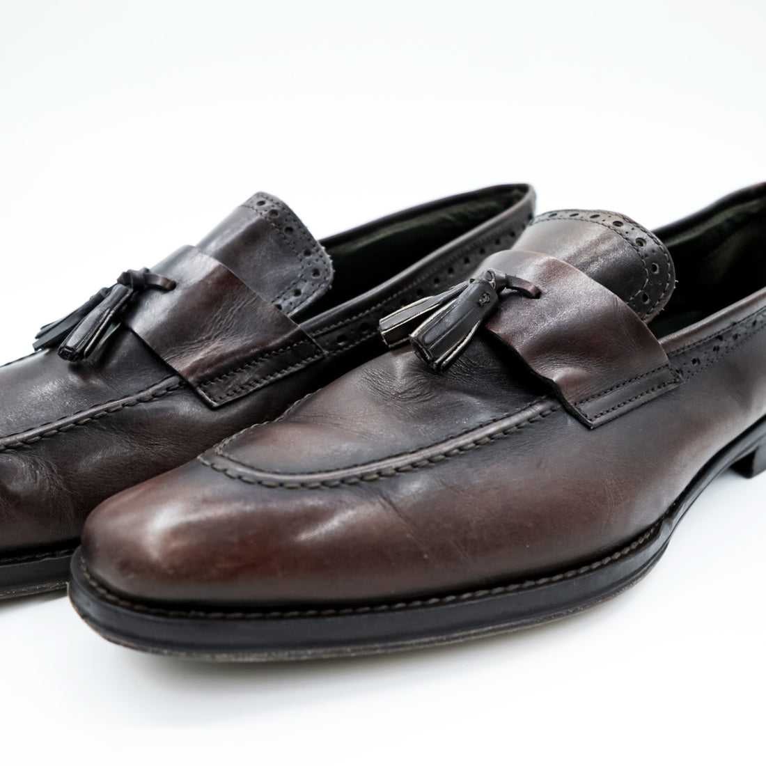 Vintage Italian Bologna Construction Tassel Loafers Dark Brown Leather Shoes Size 44 Made in Italy Dress