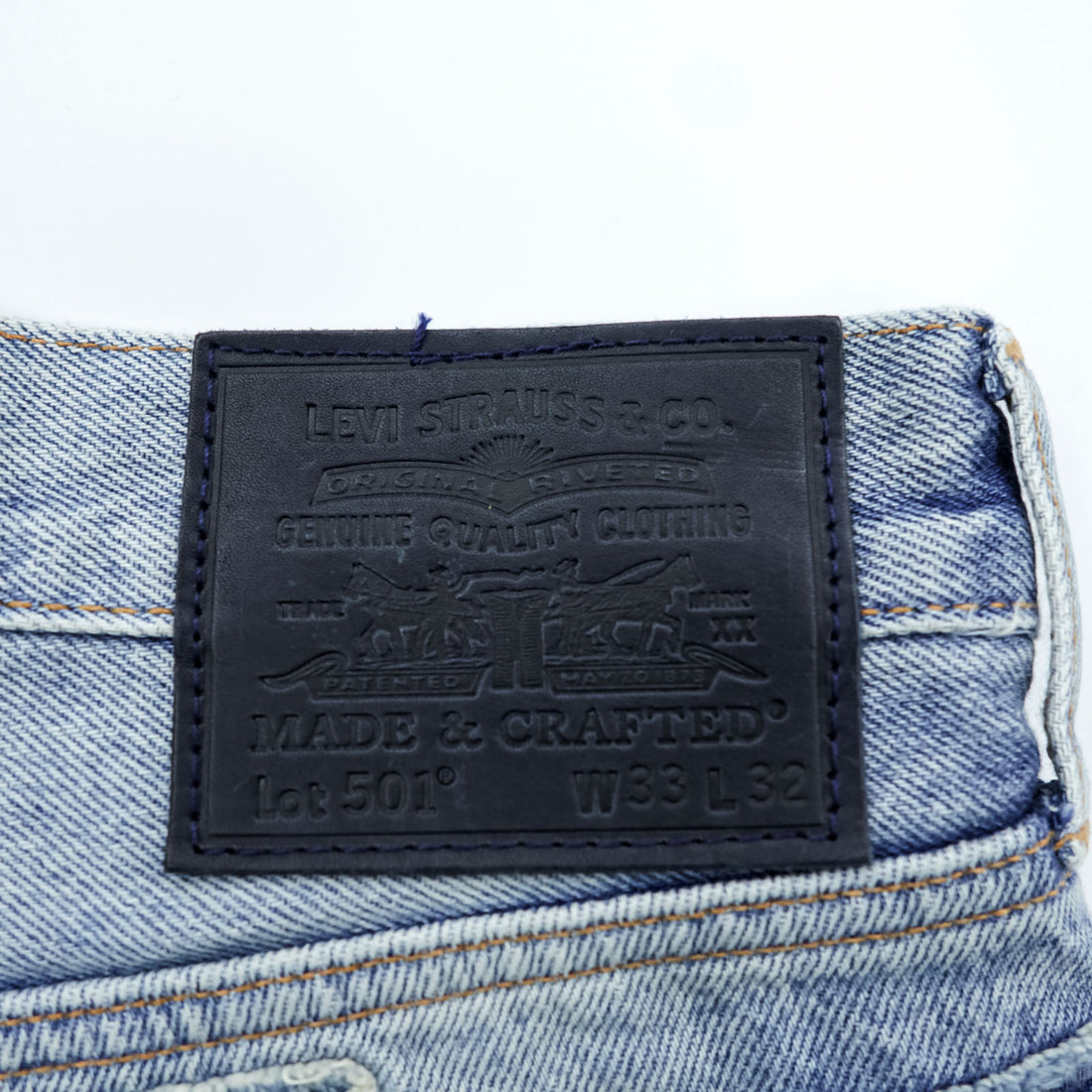 LEVI'S MADE&CRAFTED 80's 501 HAIGHT Selvedge Patchwork Big E Leather Patch Blue Denim Jeans L Unused A2231-0009