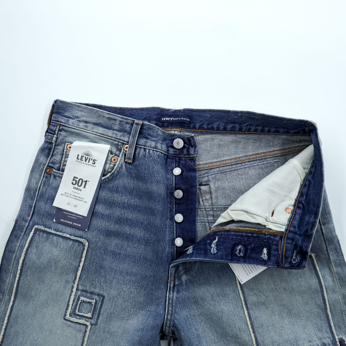 LEVI'S MADE&CRAFTED 80's 501 HAIGHT Selvedge Patchwork Big E Leather Patch Blue Denim Jeans L Unused A2231-0009