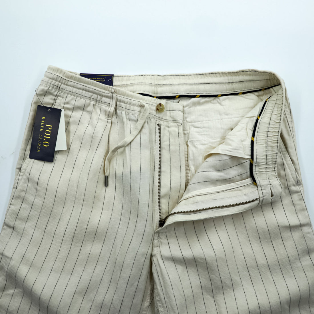 Polo Ralph Lauren プレップスター イージー リネン スラックス パンツ M ベージュ ストライプ スリム テーパード フィット 未使用品 MNPOPNT14G20349