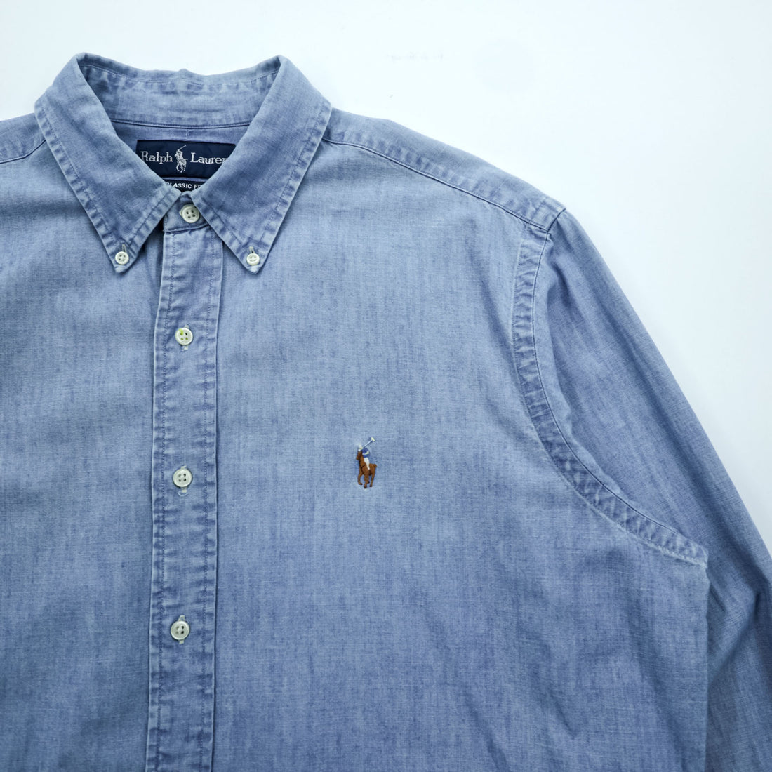 Ralph Lauren 90年代 シャンブレー ボタンダウンシャツ L ブルー CLASSIC FIT スモールポニー 刺繍 ロゴ