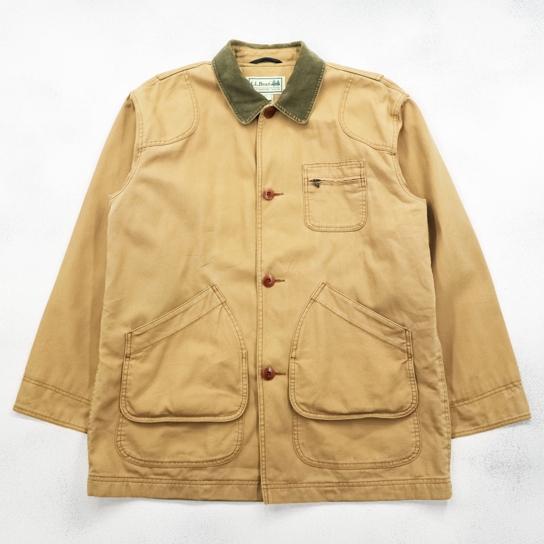L.L.Bean 90s Chore Coat Duck Hunting Jacket, Size L, Beige, Corduroy Collar, JV69