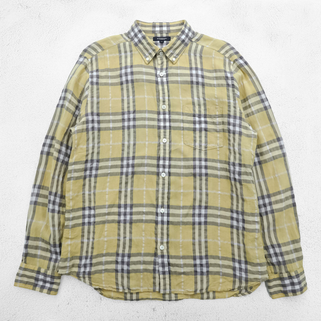 BURBERRY LONDON ノバチェック リネン ボタンダウンシャツ XL イエロー グレー 麻100% ビッグサイズ