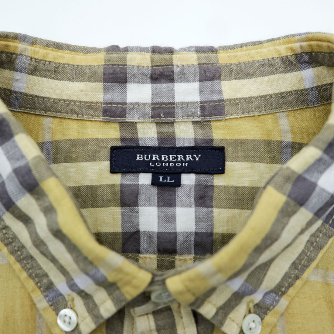 BURBERRY LONDON ノバチェック リネン ボタンダウンシャツ XL イエロー グレー 麻100% ビッグサイズ