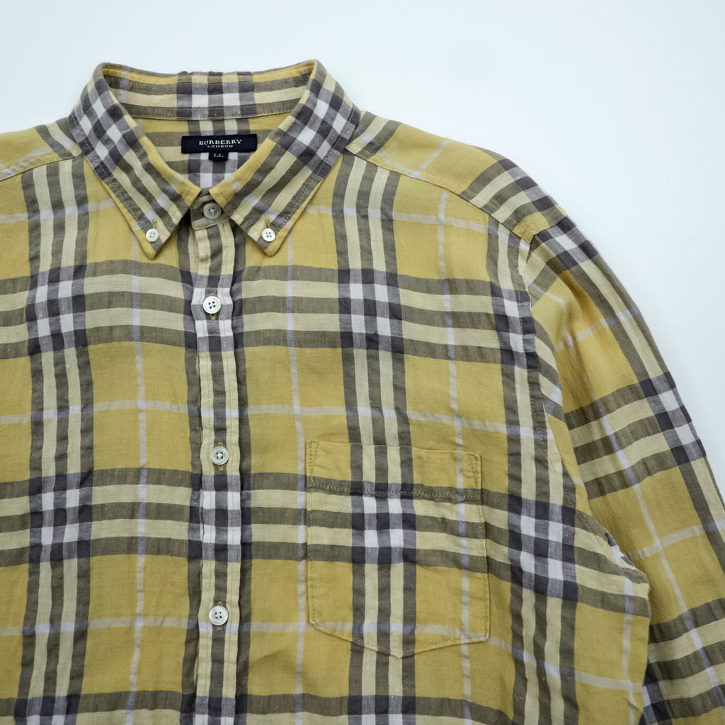 BURBERRY LONDON ノバチェック リネン ボタンダウンシャツ XL イエロー グレー 麻100% ビッグサイズ
