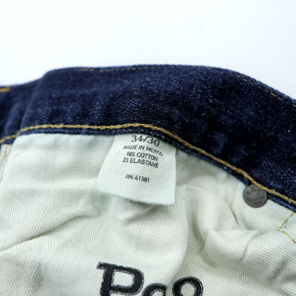 Polo Ralph Lauren Vintage Distressed Straight Denim Jeans L Stretch Indigo Blue Leather Patch VARICK SLIM STRAIGHT