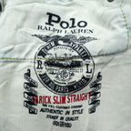 Polo Ralph Lauren Vintage Distressed Straight Denim Jeans L Stretch Indigo Blue Leather Patch VARICK SLIM STRAIGHT
