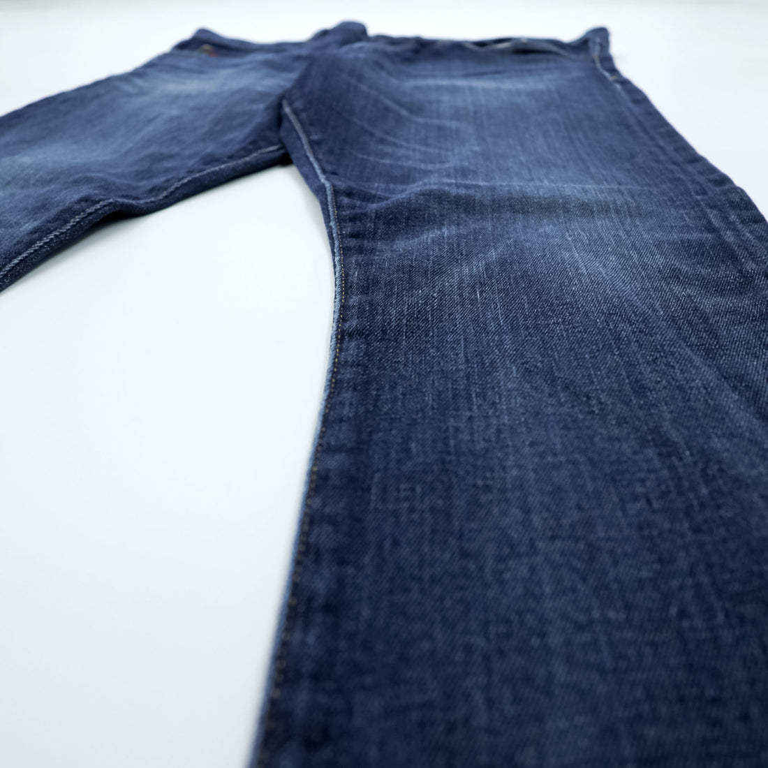 Polo Ralph Lauren Vintage Distressed Straight Denim Jeans L Stretch Indigo Blue Leather Patch VARICK SLIM STRAIGHT