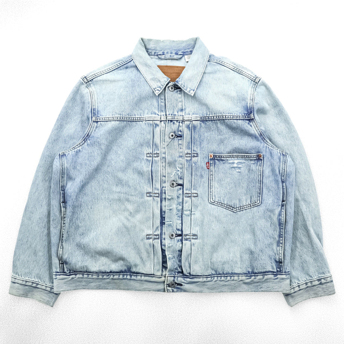 Levi Strauss 1st WWII Model Distressed Trucker Jacket Denim Jacket G-Jean XL and up Big Size Cinch Back Blue TYPE 1 Big E Double Pleats Relaxed Fit A3174-0006
