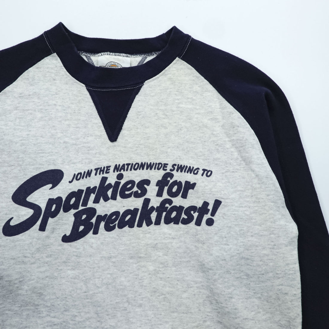 90年代 USA製 ヴィンテージ MEDALLION ラグラン 両V スウェット トレーナー M グレー ネイビー Sparkies for Breakfast