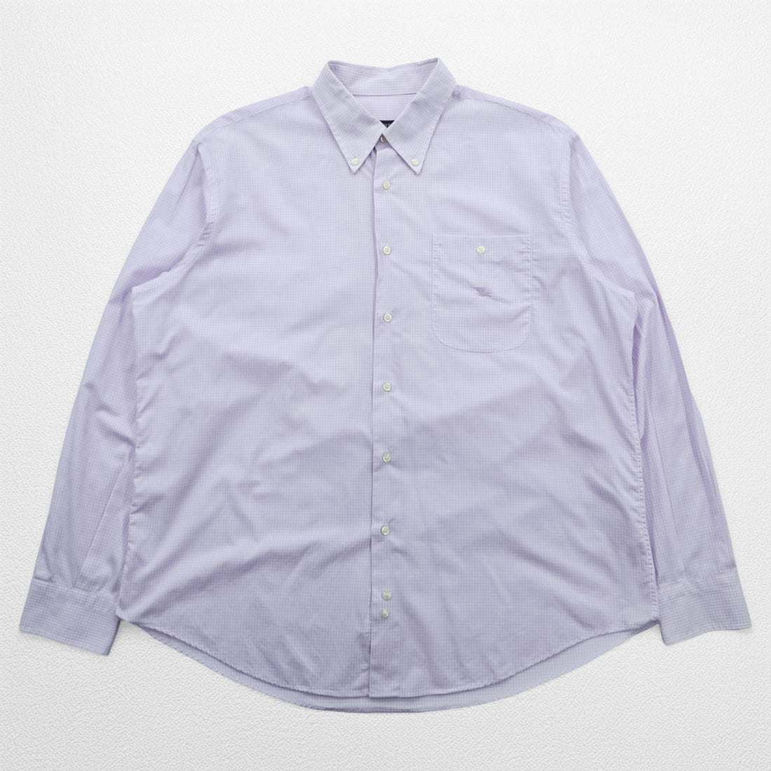 BURBERRY button-down shirt, size XL and up, checked pattern, single-point logo, purple, white. NEW BRADYS