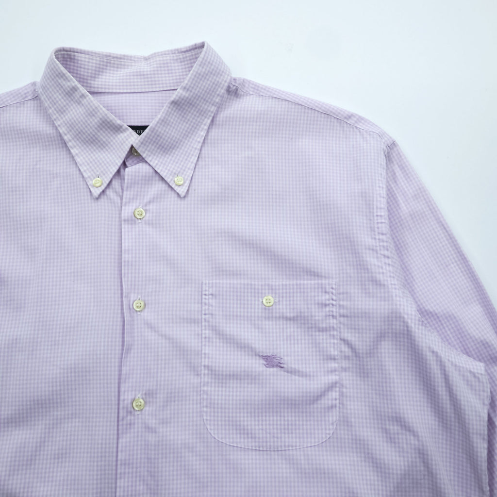 BURBERRY button-down shirt, size XL and up, checked pattern, single-point logo, purple, white. NEW BRADYS