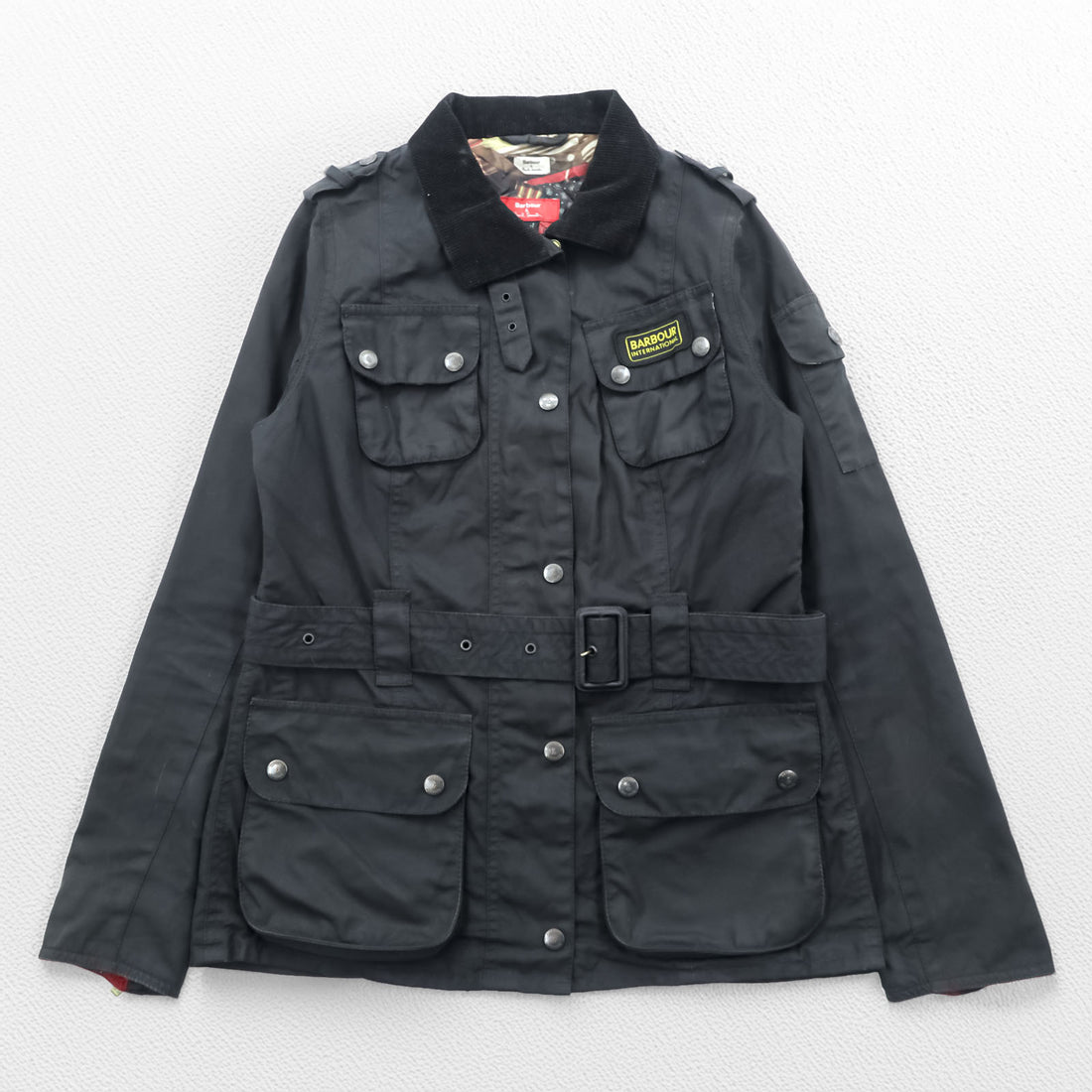 Barbour × Paul Smith INTERNATIONAL Oiled Motorcycle Jacket S Waxed Cotton Corduroy Collar with Belt Double Zip Epaulets