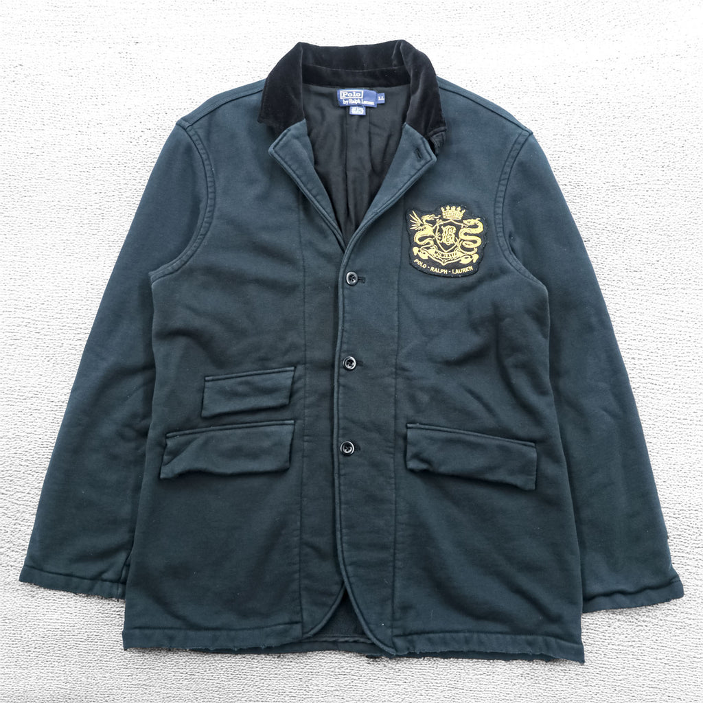 Polo Ralph Lauren 90s Emblem Embroidered Sweat Tailored Jacket Blazer XL Black Vintage-Processed Patch Velvet Collar