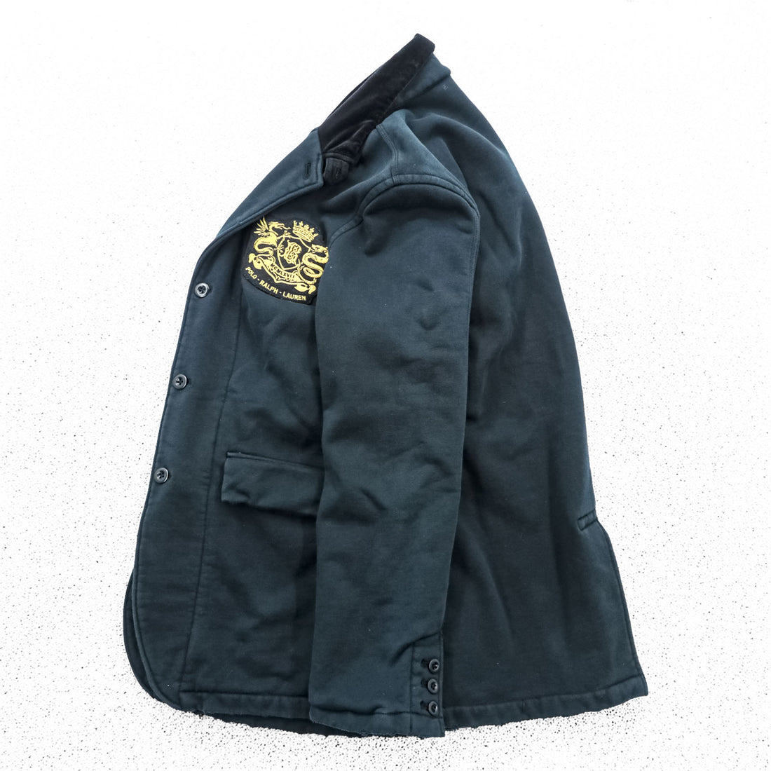 Polo Ralph Lauren 90s Emblem Embroidered Sweat Tailored Jacket Blazer XL Black Vintage-Processed Patch Velvet Collar