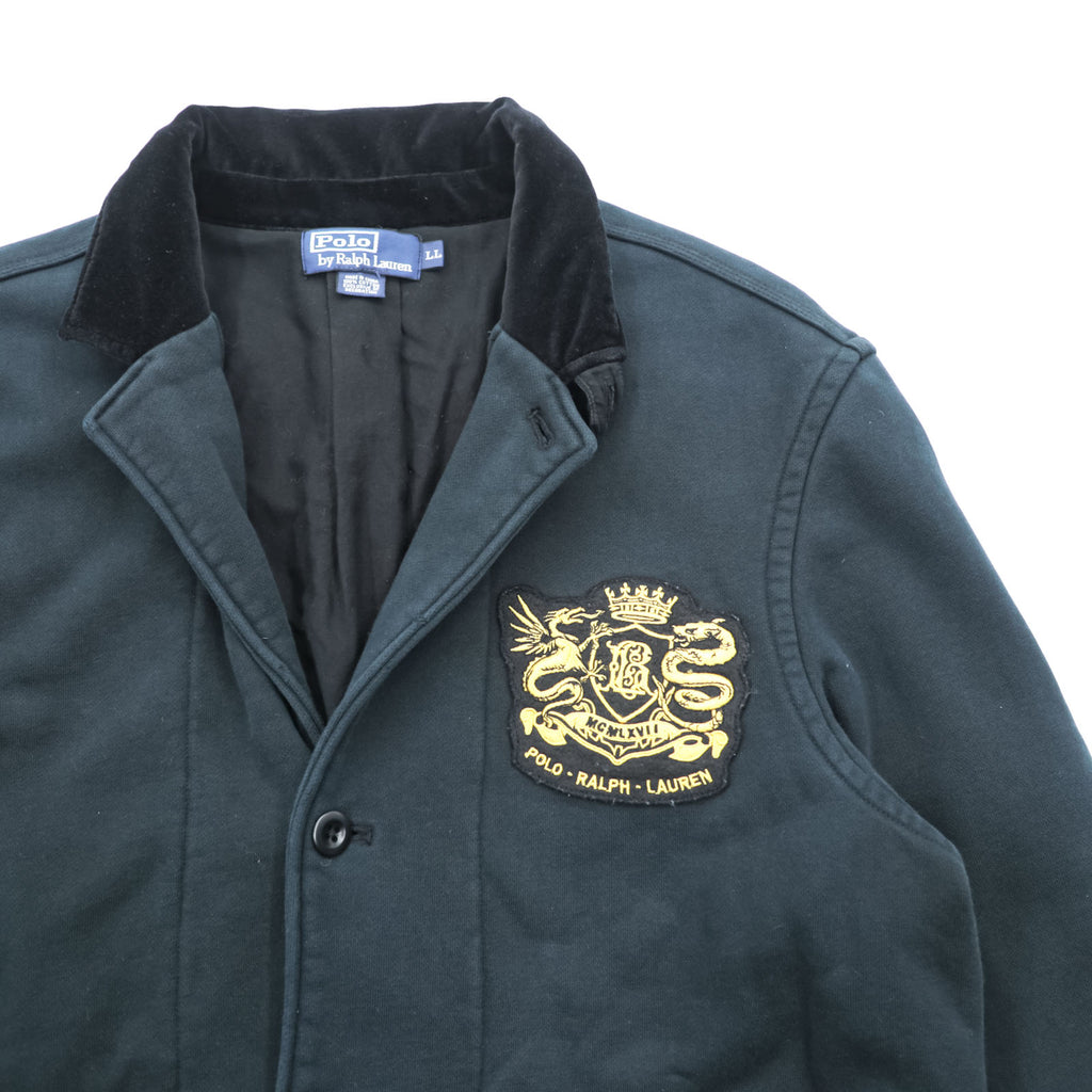 Polo Ralph Lauren 90s Emblem Embroidered Sweat Tailored Jacket Blazer XL Black Vintage-Processed Patch Velvet Collar