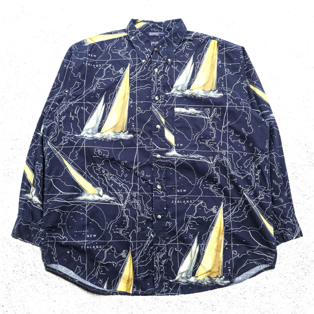 NAUTICA 90年代 総柄 ボタンダウンシャツ XL ネイビー コットン 胸ポケット 地図柄 ヨット