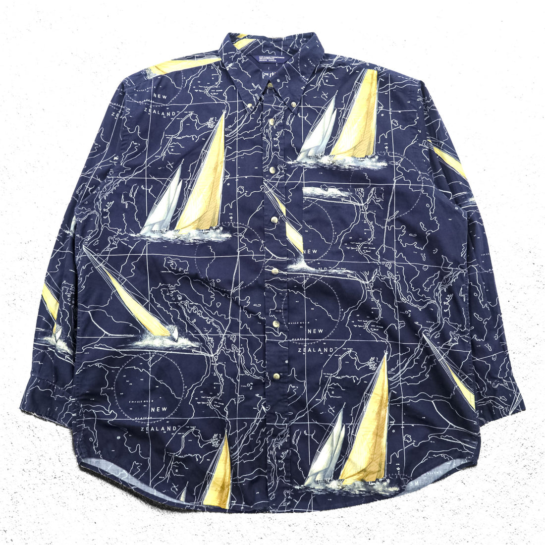 NAUTICA 90s All-Over Print Button-Down Shirt XL Navy Cotton Chest Pocket Map Pattern Yacht