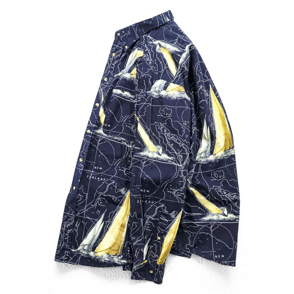 NAUTICA 90年代 総柄 ボタンダウンシャツ XL ネイビー コットン 胸ポケット 地図柄 ヨット