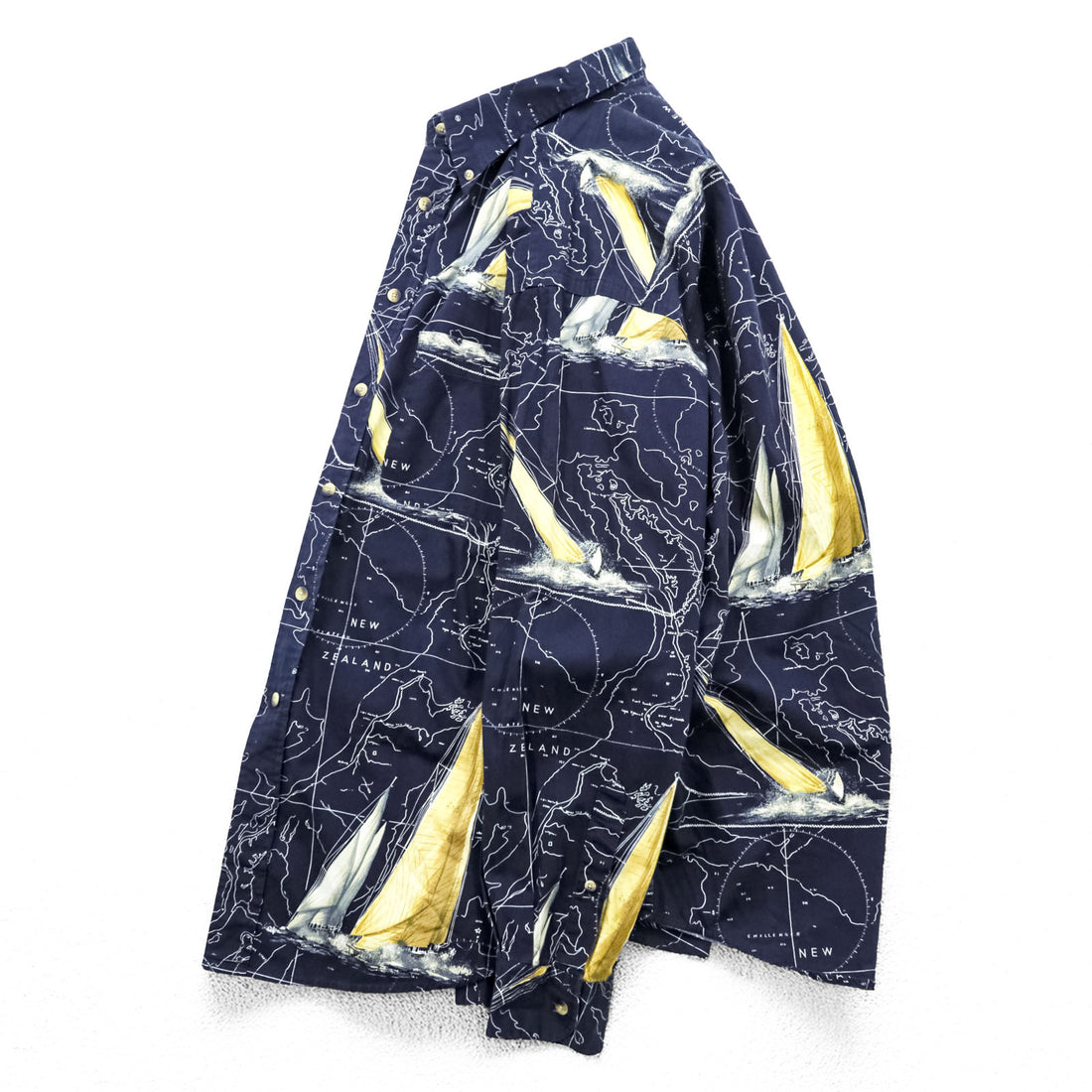 NAUTICA 90年代 総柄 ボタンダウンシャツ XL ネイビー コットン 胸ポケット 地図柄 ヨット