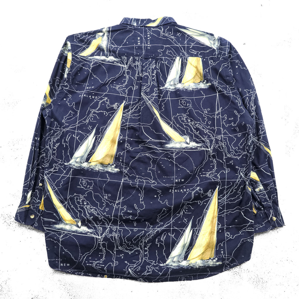 NAUTICA 90年代 総柄 ボタンダウンシャツ XL ネイビー コットン 胸ポケット 地図柄 ヨット